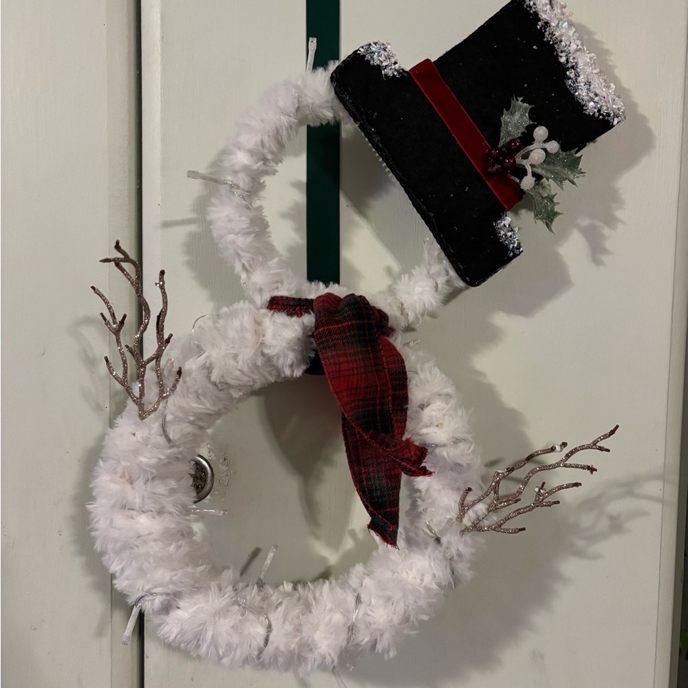 Festive Snowman Wreath with Black Hat and Red Accents